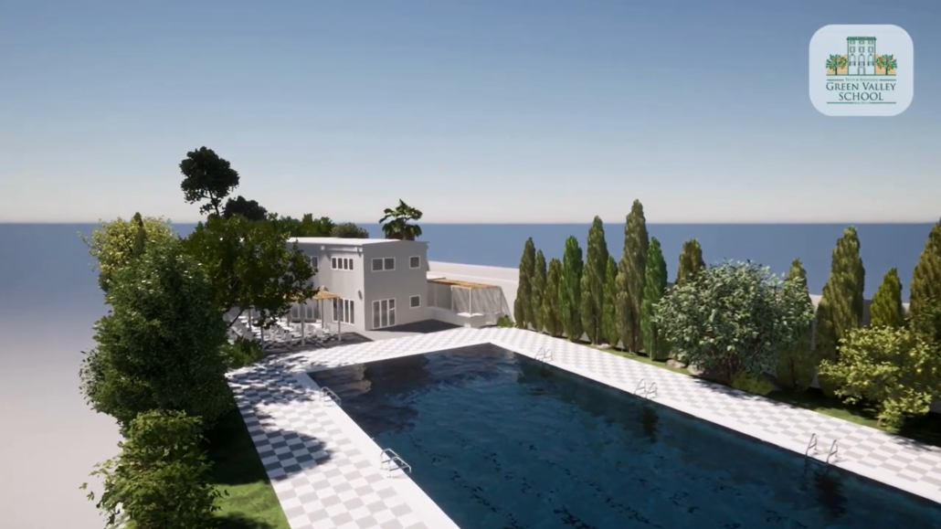 Rendiciones de las nuevas instalaciones deportivas de Green Valley School Mallorca. Muestran las pistas de "pickleball" y tambien la piscina olimpica.